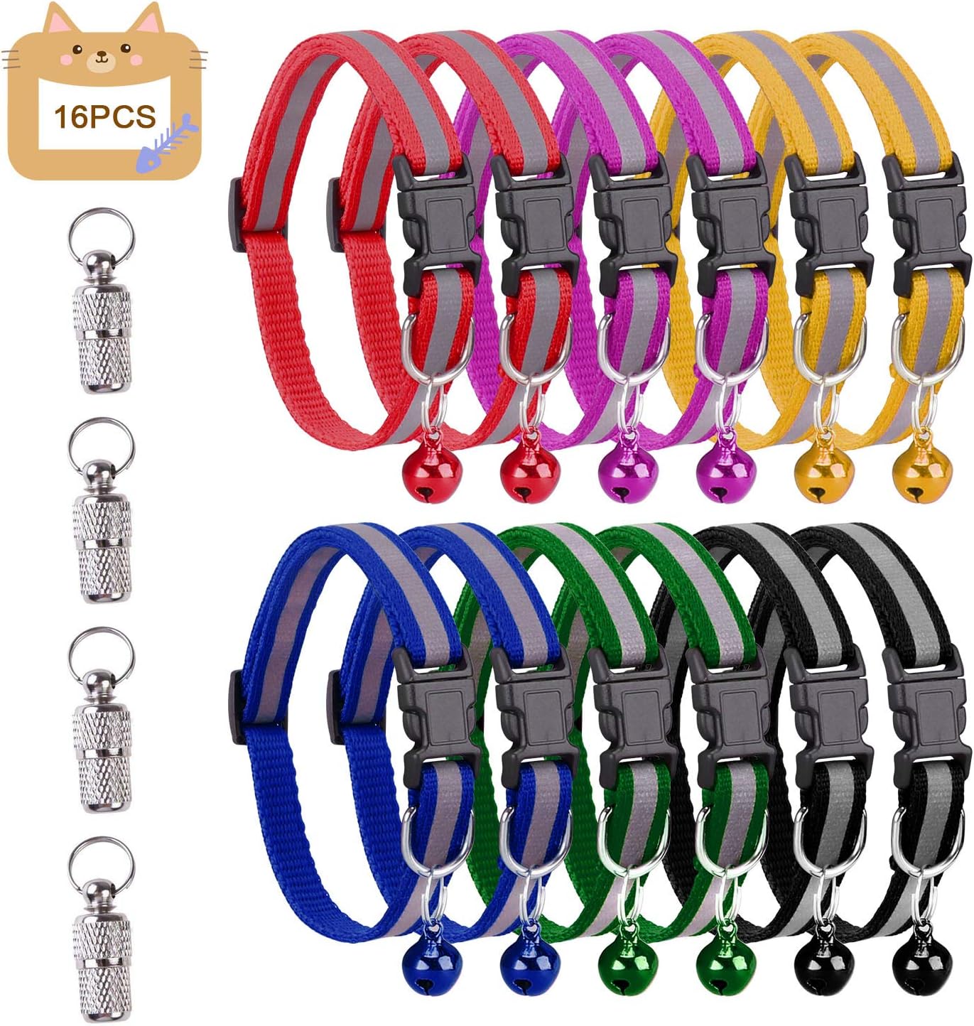 Grebarley Cat Collar,Cat Collars, Cat Collars with Bells,Reflective Adjustable Fluorescently, Quick Release Buckle, Suitable for Most Domestic Cats (12pcs)