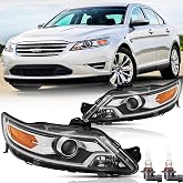 SAFAUTOPARTS Headlights Assembly Pair with Bulbs for 2010 2011 2012 Ford Taurus Halogen Headlamps Head Lights Replacement Driver and Passenger Side,Chrome Housing Amber Reflector