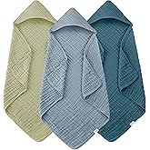 Muslin Hooded Baby Bath Towels - 3 Pack 100% Cotton Ultra-Soft Towels for Newborns, Infants, Toddlers - 32x32 Inch - Highly Absorbent, Quick-Dry Essentials for Bath, Beach, Pool, Green Blue Series