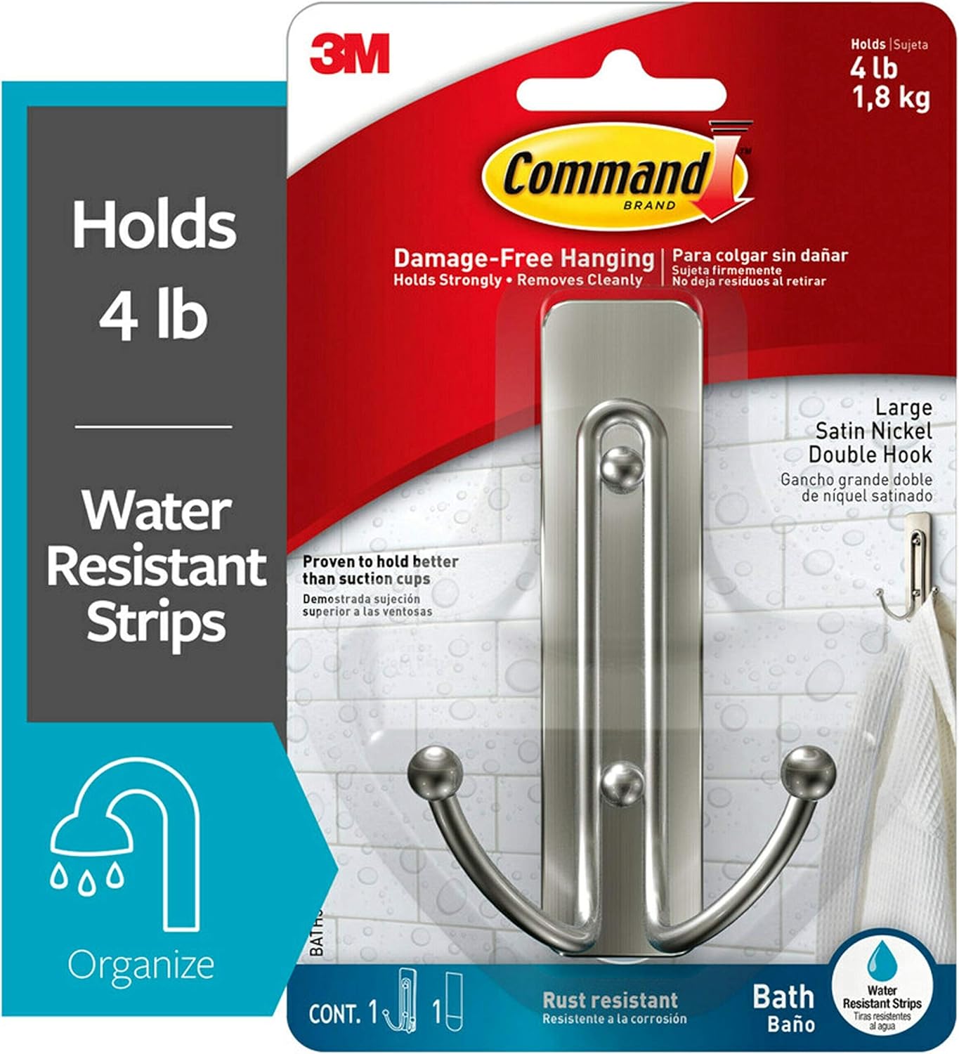 Command Large Double Bath Hook, Satin Nickel, 1-Hook, 1-Large Water-Resistant Strip, Organize your dorm - - 