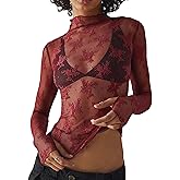 KMBANGI Women's Mesh Lace Long Sleeve Top Mock Neck Sheer Blouse Floral Lace Layering Tops Y2k See Through Tee Shirt
