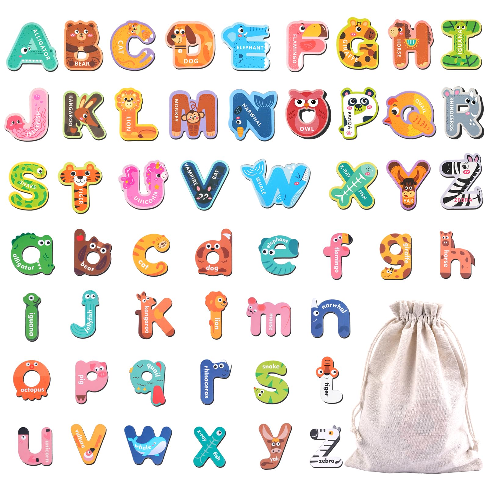 52 Pcs Magnetic Letters,Large Fridge Magnets for Kids,Animals Magnetic Alphabet Letters,Educational Learning Alphabet Toys Include Uppercase und Lowercase Letters for Baby Toddler Preschool