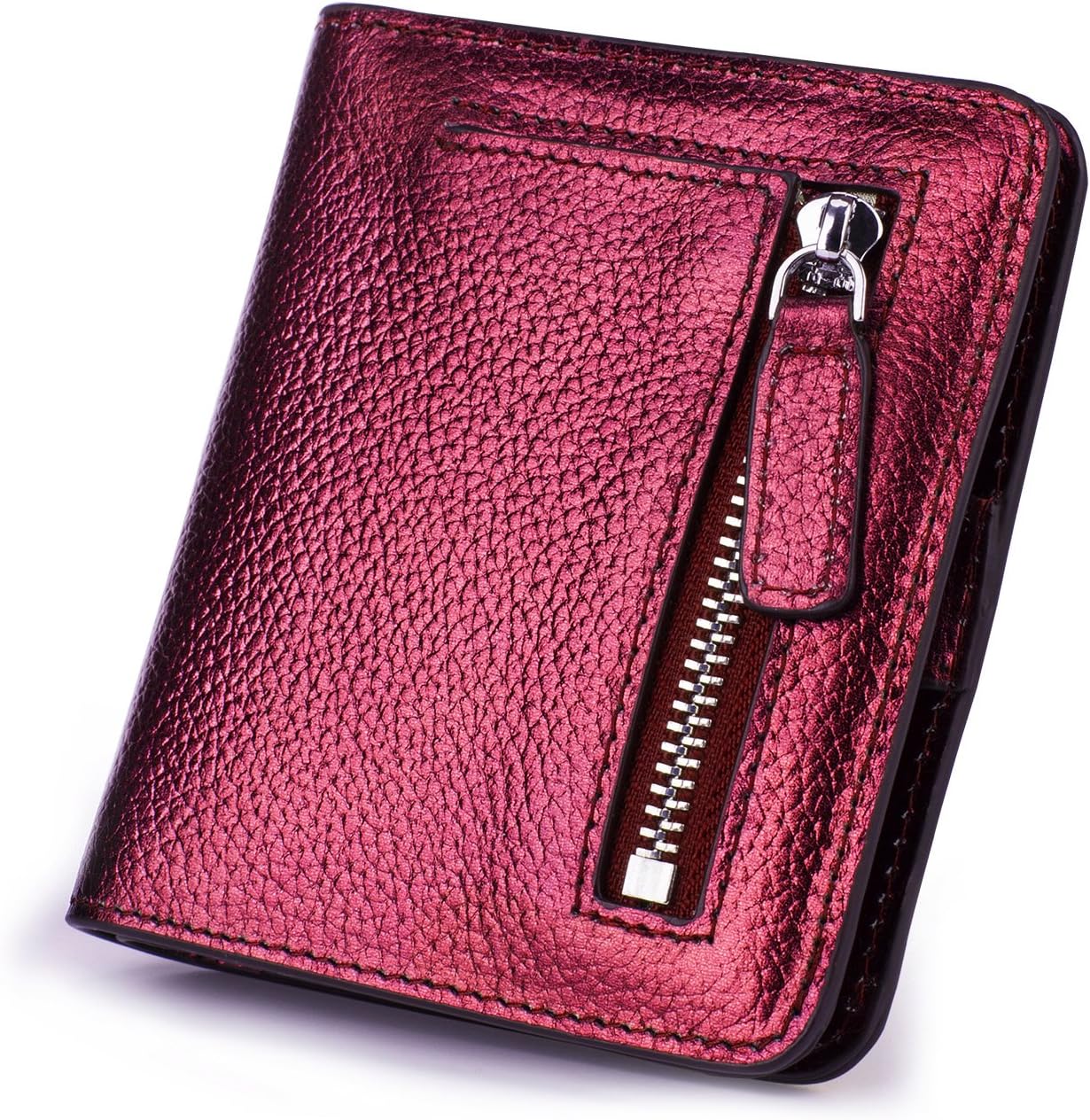Small Compact Women's Leather Wallet Card Purse with Coin Zipper Pocket RFID Blocking(Light Wine)