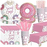 Xigejob Donut Sweet One Birthday Party Decorations Tableware For Girls First - Pink Donut 1st Birthday Party Supplies, Plate, Cup, Napkin, Cutlery, Tablecloth | Serves 24