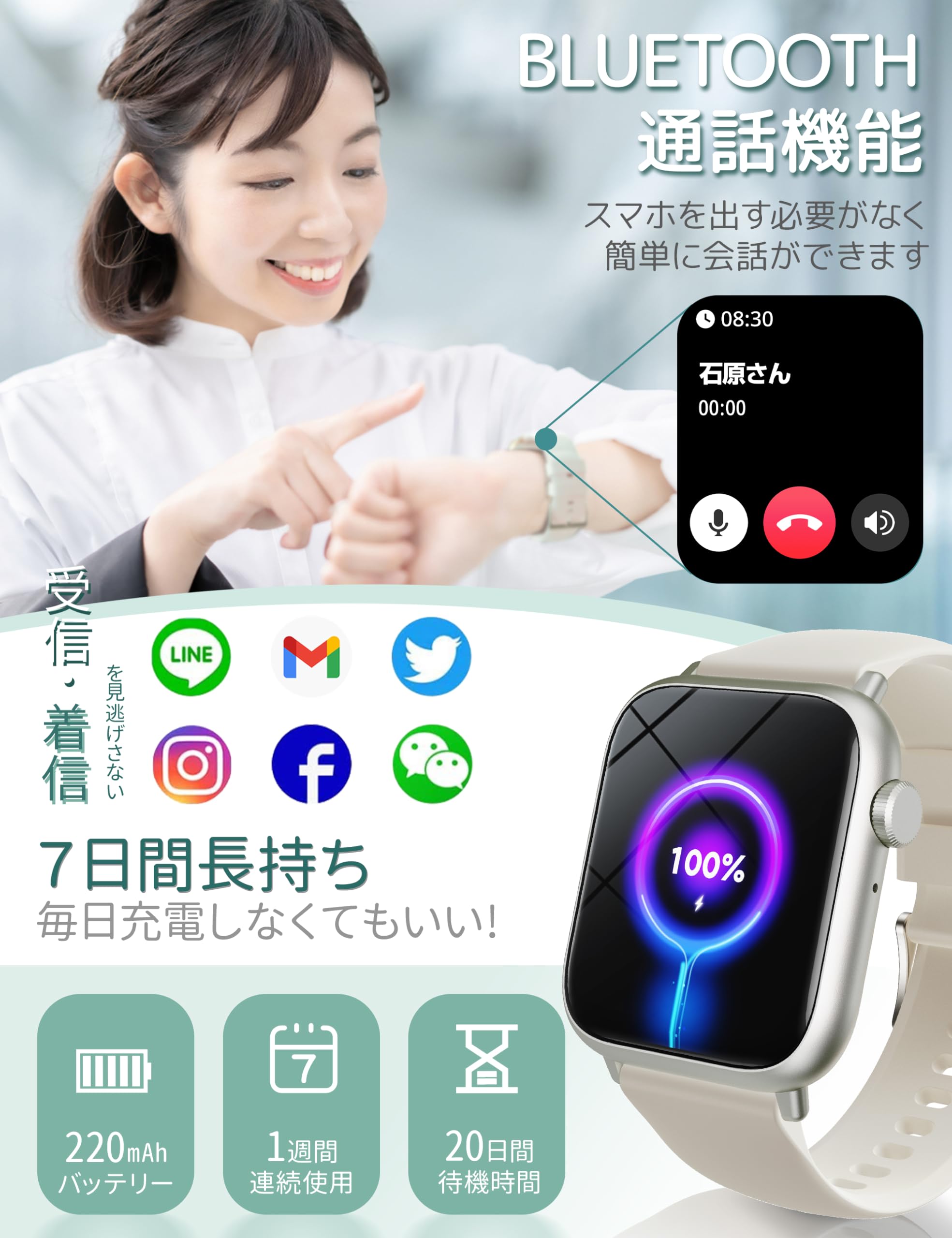 Smart Watch, Women's, 2025 Fashion Gold Color, Bluetooth Calling Function, LINE Incoming Call Notifications, iPhone and Android Compatible, Smart Watch, Activity Tracker, Sleep Tracker, Female