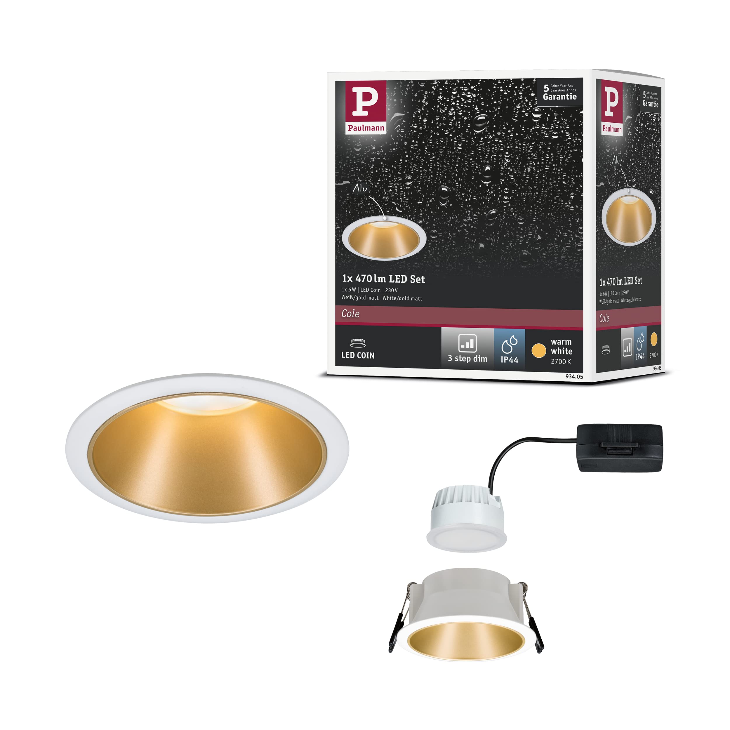 Paulmann 93405 LED Cole Luminaire Round Incl. 1x6.5 Watt Dimmable Recessed Spotlight White, Gold Matt Lamp Plastic, Aluminium Zinc Ceiling Spot 2700 K