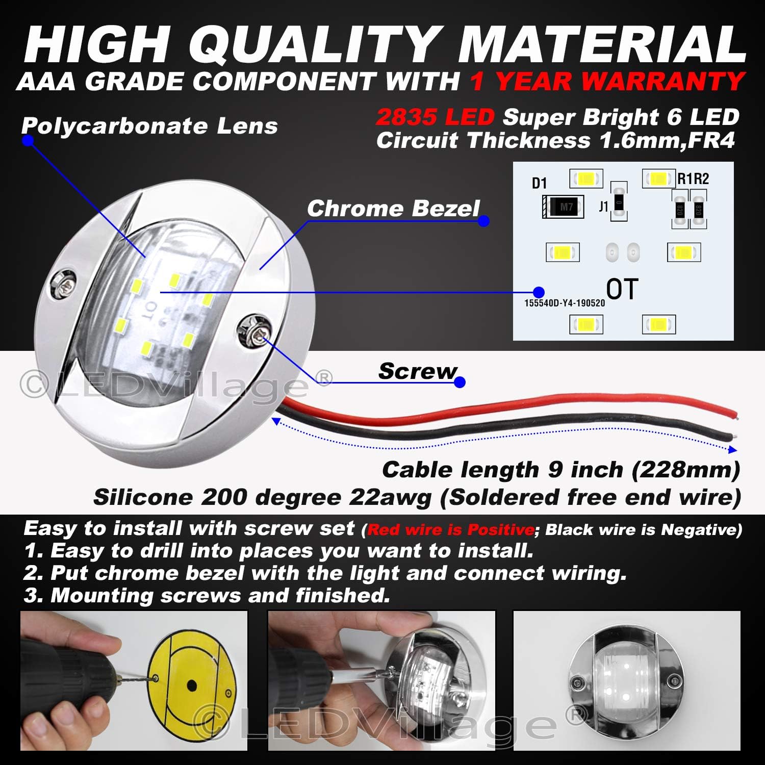 [Pack of 4] 3 Inch Ledvillage White LED Round Marine Navigation Lights with Chrome Base 6 Diodes Stern Anchor Lamp Transom Mount for Trailer Boat Truck Kayak Cab Skeeter Universal 12V DC Waterproof OT