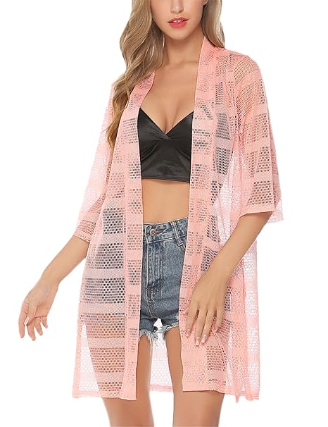 Abollria Damen Sommer Cardigan Leichte Netz Strickjacke 3/4 Arm Fließend Luftig Wasserfall Strand Cover Up