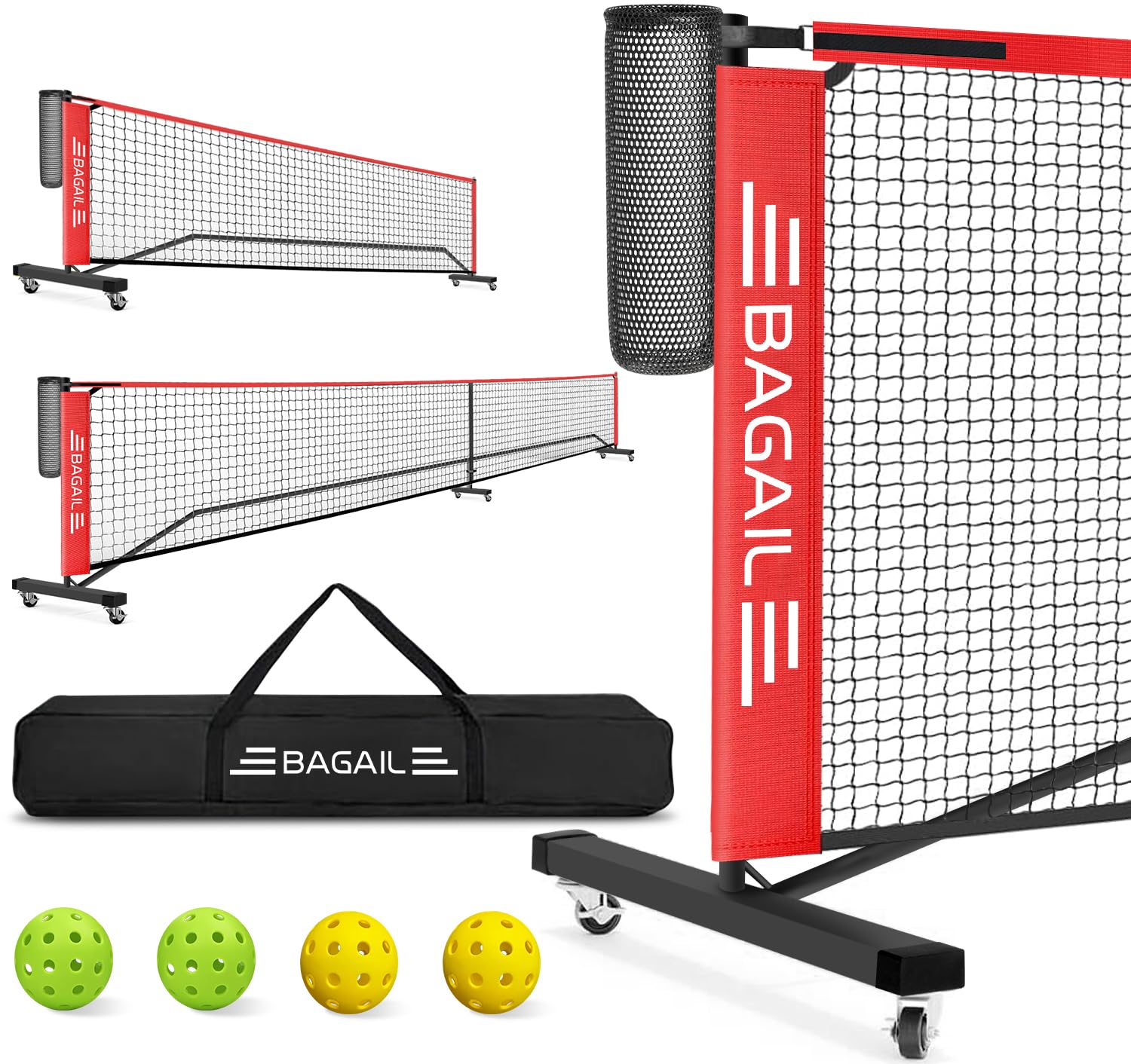 BAGAIL Portable Pickleball Net Set with Wheels, 22 FT Regulation Size & 11 FT Half Court Size 2-in-1 Pickle Ball Net with Ball Collector, Carry Bag, 4 Pickle Balls, Easy Setup for Outdoor Indoor