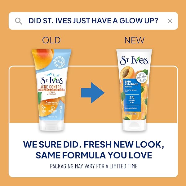 ST. IVES ACNE CONTROL FACE SCRUB DEEPLY EXFOLIATES AND PREVENTS ACNE FOR SMOOTH, GLOWING SKIN APRICOT MADE WITH OIL-FREE SALICYLIC ACID ACNE MEDICATION, MADE WITH 100% NATURAL EXFOLIANTS 6 OZ