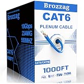 Cat 6 Plenum Cable 1000ft | 23AWG, 550MHz, 10Gbps UTP Ethernet | CMR Fire-Rated Jacket | Tangle-Free Easy-Pull Spool | Solid CCA | Bulk Cat6/Cat5e Internet Cable for Commercial &amp; Home Networking, Blue