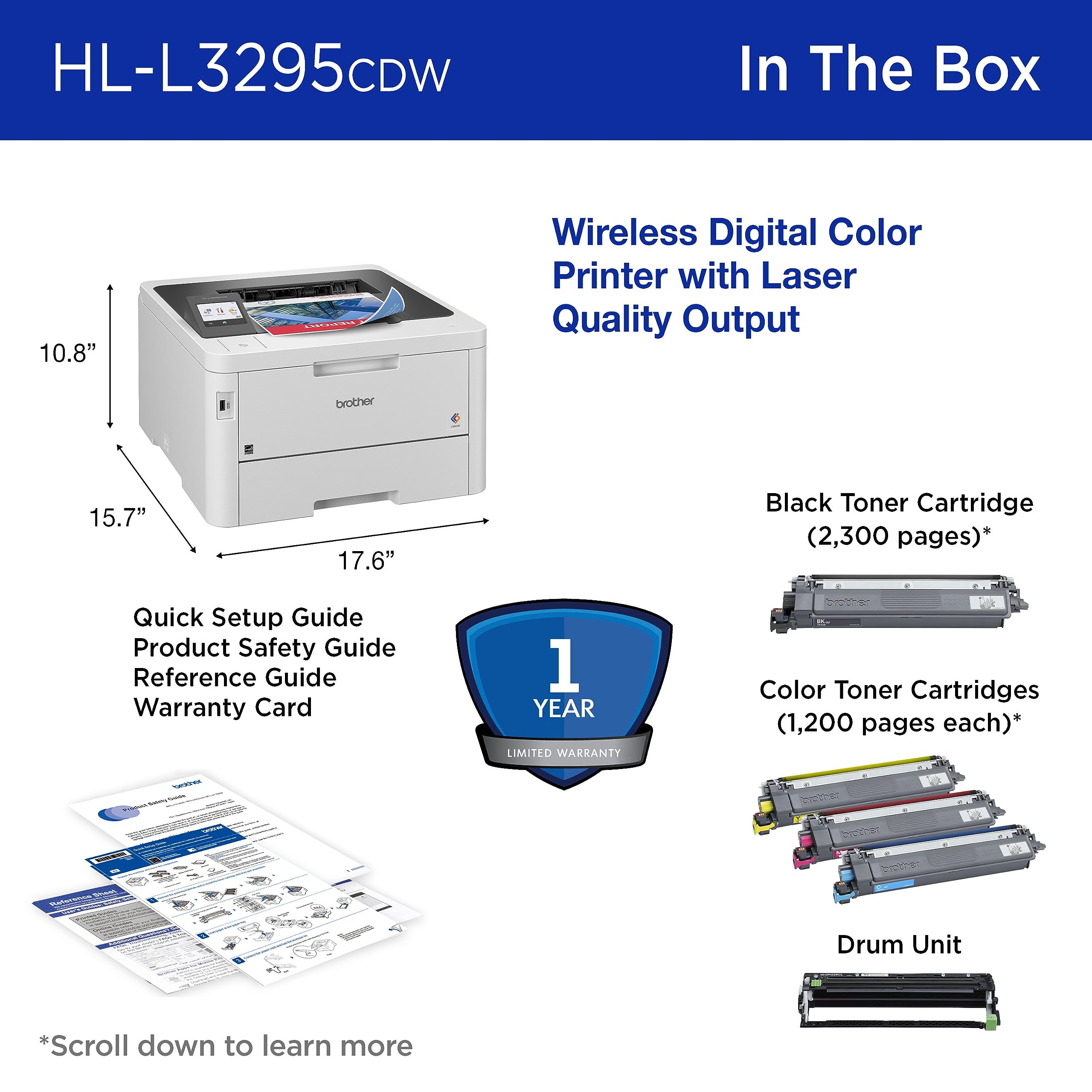 Brother HL-L3295CDW Wireless Compact Digital Color Printer with Laser Quality Output, Duplex, NFC, Mobile & Ethernet | Includes 2 Month Refresh Subscription Trial ¹, Amazon Dash Replenishment Ready