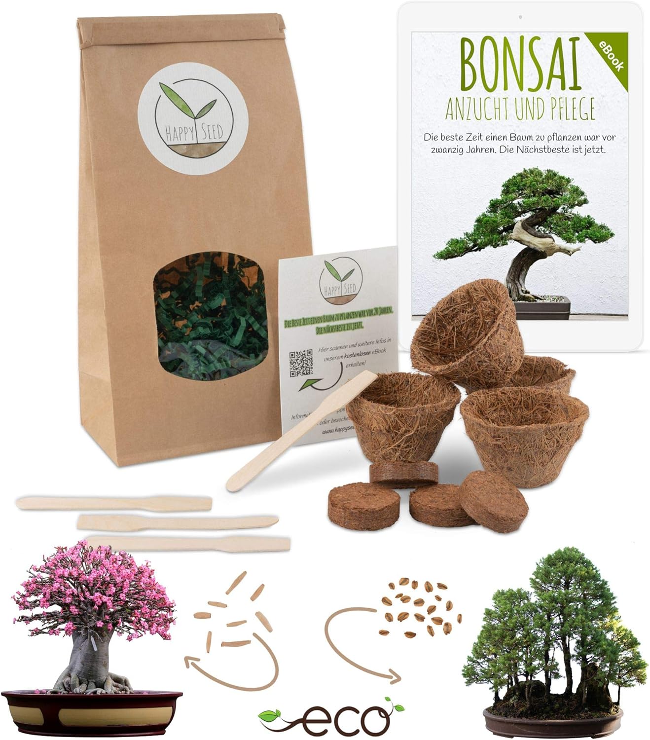 Bonsai Starter Kit Anzuchtset inkl. GRATIS eBook - Pflanzset aus Kokostöpfen, Samen & Erde - nachhaltige Geschenkidee für Pflanzenfreunde (Wüstenrose + Berg Mammutbaum)