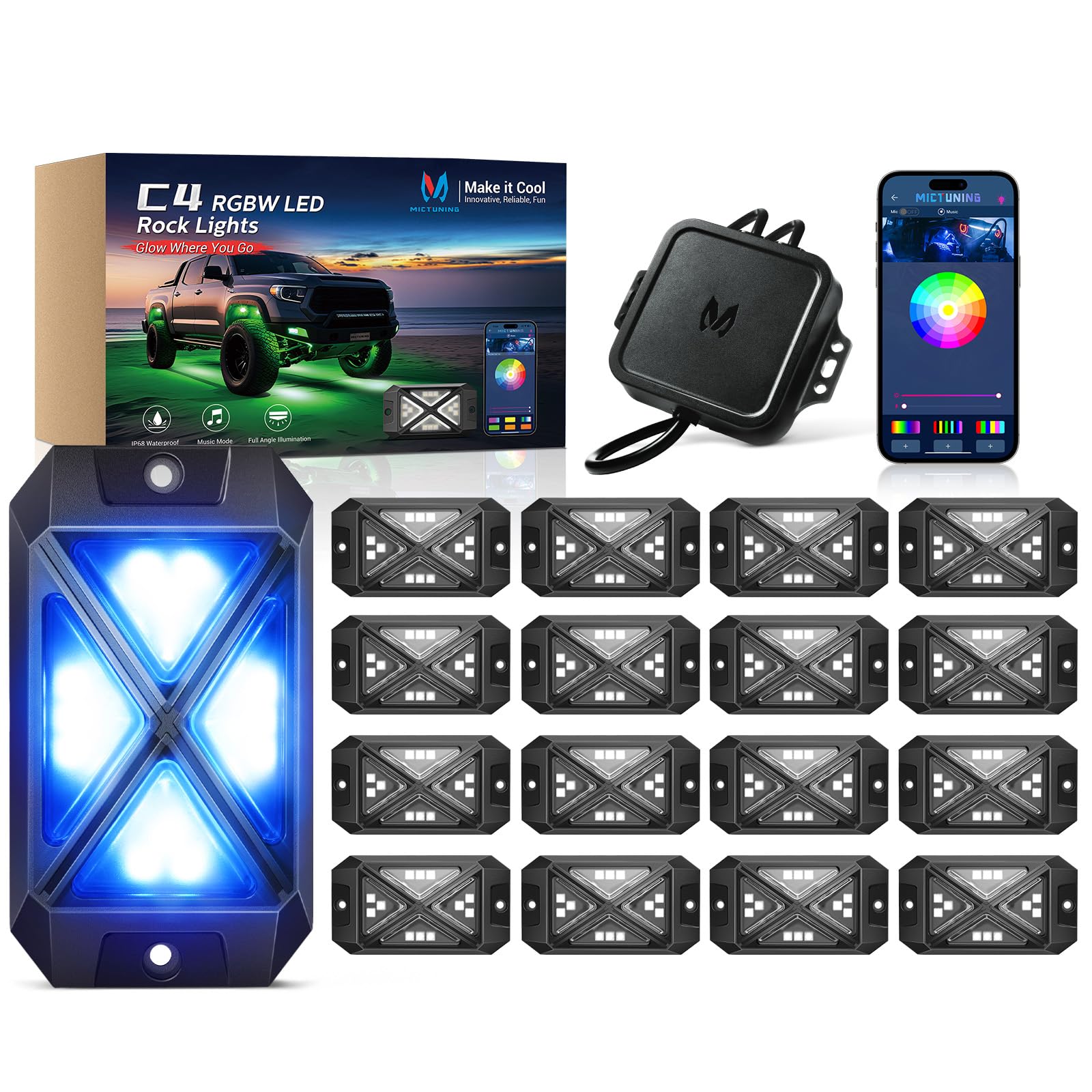 Photo 1 of *****No returns accepted.
MICTUNING C4+ RGBW Rock Lights, 16 Pods 360° Ultra Bright Pure Color Underglow Neon Lights, Bluetooth APP Control & Music Mode, IP68 Waterproof, for Trucks Cars ATV UTV Golf Cart (2 Year Warranty)