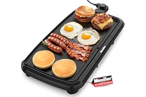 MÜELLERHOME Mueller HealthyBites 20-inch Electric Griddle, Cool-Touch Handles, Slide-Out Drip Tray for Breakfast Pancakes, Burgers, and Eggs, Eco-Friendly Pancake Grill, 10 Eggs at Once, Nonstick & Teflon-Free
