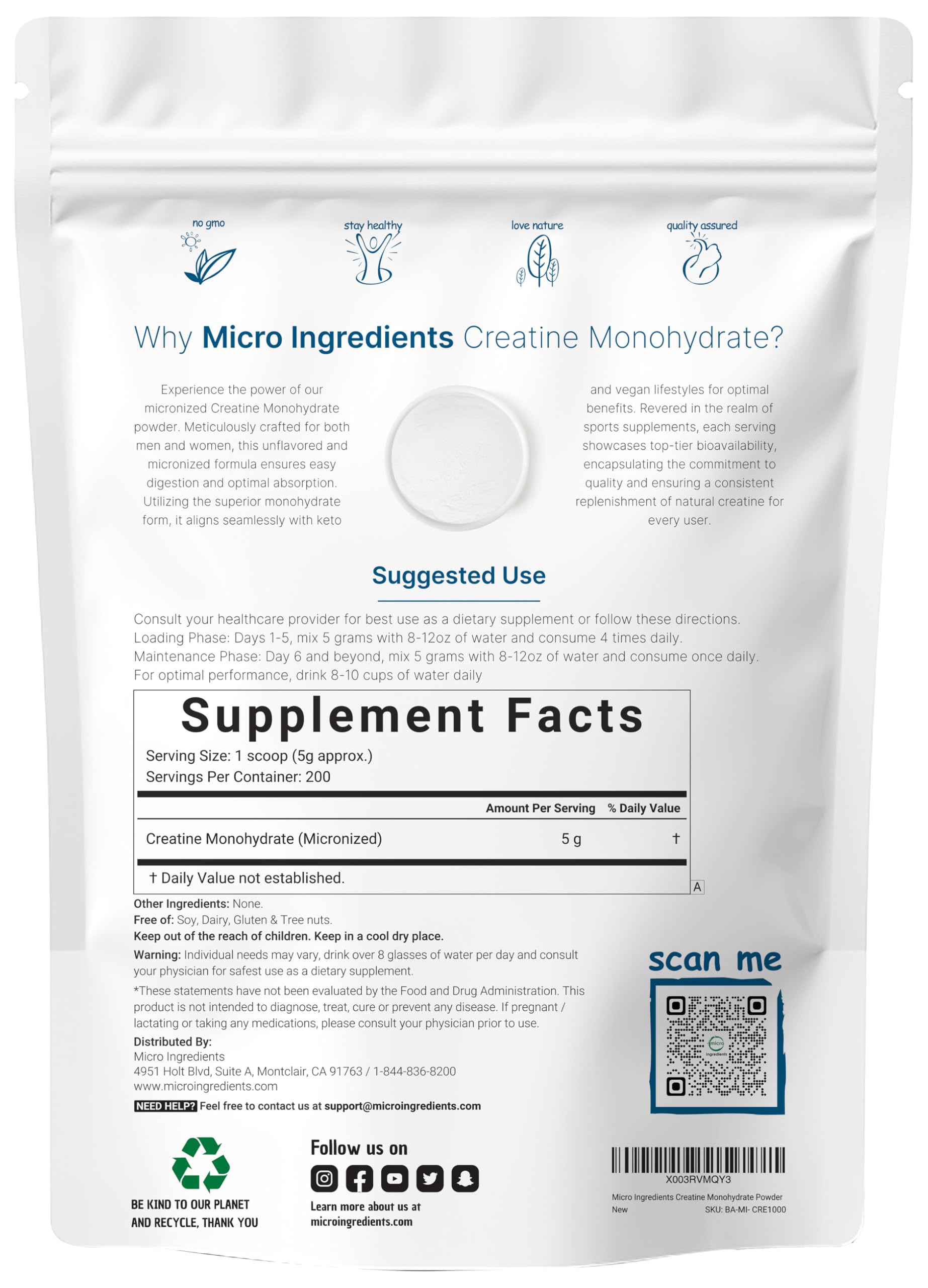 Instant Creatine Monohydrate Powder 1 kg (2.2 Lbs), 5000mg Per Serv, Micronized Creatine Powder, Unflavored, Pure, No Filler, Keto & Vegan Friendly, Easy Dissolve Pre Workout for Women and Men