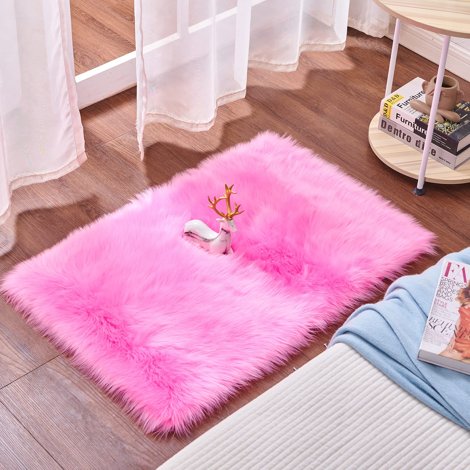 Cumay Super Soft Fluffy Faux Sheepskin Rug, Shaggy Silky Plush Carpet For Bedrooms Rugs Living Room Kids Rooms Decor Bedside Rugs(Rose red, 23.6 x 35.4 inch)
