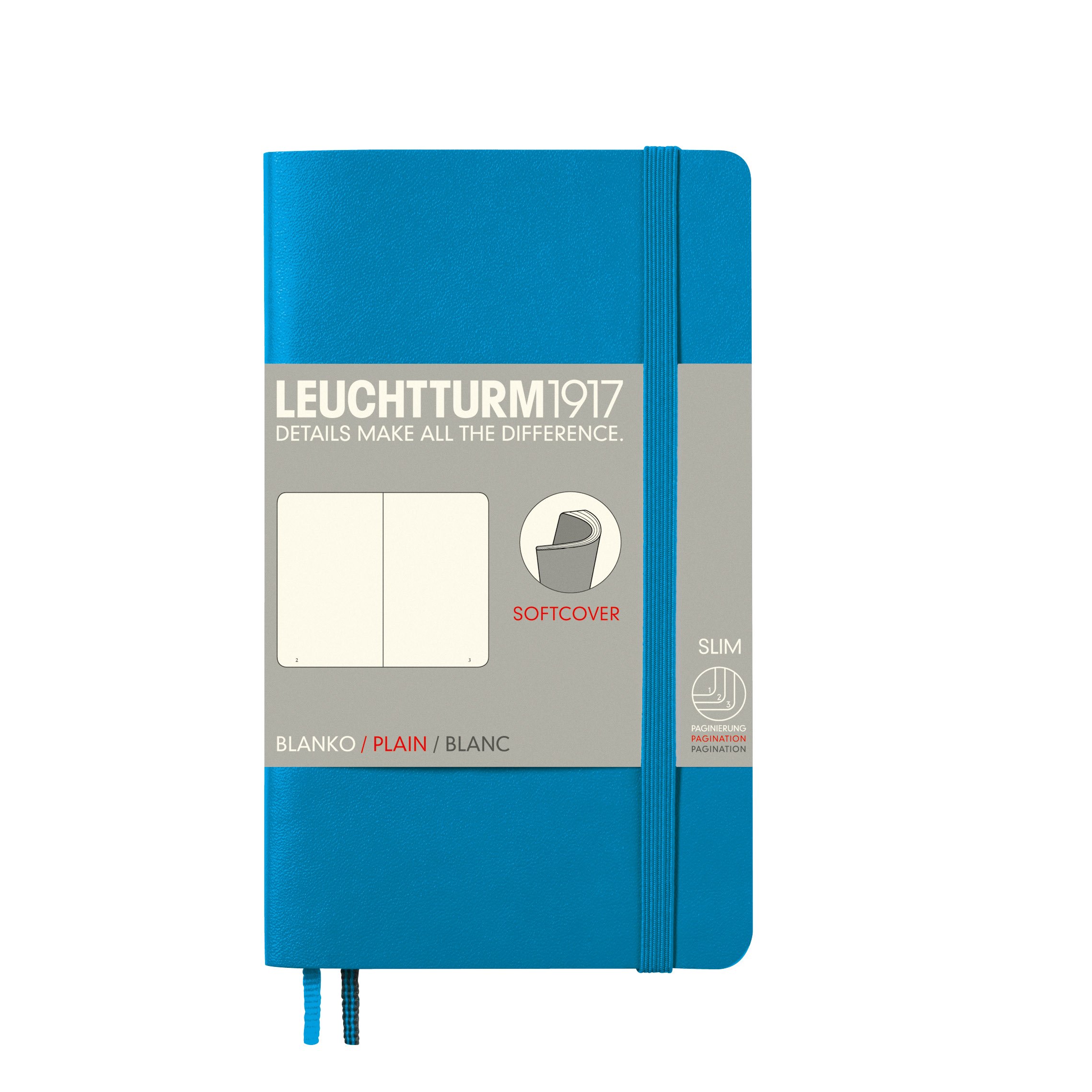 LEUCHTTURM1917305477 Pocket Notebook (A6), Softcover, 121 Pages, Blank Azure Blue