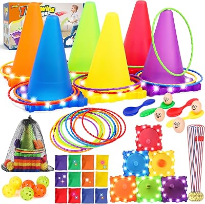 Eocolz 49PCS Carnival Game Set LED Cones Ring Toss Bean Bags Kids Outdoor