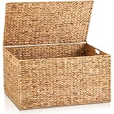 Wonderjune 36 x 20 x 18.5 Inch Water Hyacinth Wicker Storage Trunk | Heavy Duty Storage Chest with Lid, Metal Frame, Large Rattan Basket for Blankets, Seasonal Clothes, Extra Bedding (Natural)