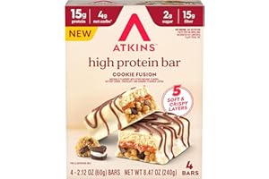 Atkins High Protein Bars, Cookie Fusion Flavor, 15g of Protein, 4g Net Carbs, Keto Protein Bars, Low Sugar, 4 Count