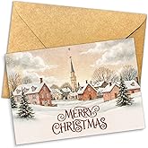 Podagree Merry Christmas Card with Church Village Winter Scene from Family or Friends, Traditional Holiday Greeting Card 8x5.3 Inch With Envelope