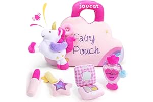 JoyCat Toys for Toddlers 1-3 Girls, My First Purse Baby Girl Unicorn Makeup Bag Set 5 PCS Plush Toy with Perfume, Lipstick, Palette, Star Key - 1 Year Old Girl Gifts, Christmas Stocking Stuffer