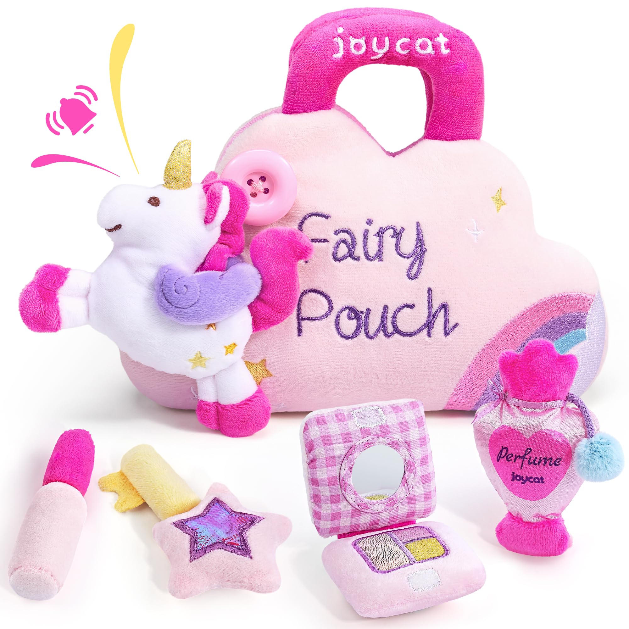 JoyCat My First Purse for Toddler Girls 1-3, 5 PCS Plush Unicorn Pretend Play Set with Lipstick, Perfume, Palette & Star Key, Soft Sensory Easter Basket Gifts for Girls
