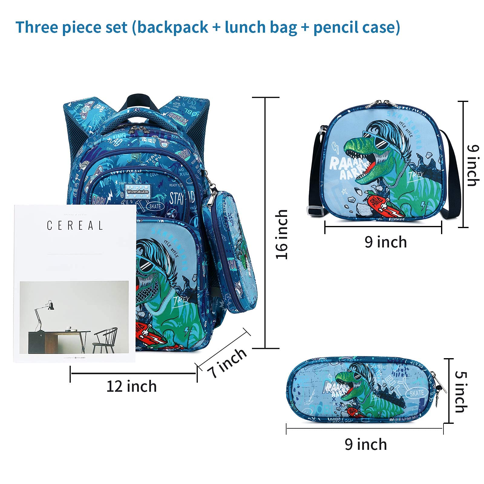 Wawakube 3Pcs Boys Dinosaur Backpack Set with Lunch Box Pencil Case, School Book Bag for Kids Elementary Preschool…