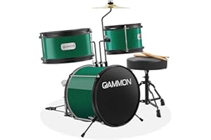 GAMMON PERCUSSION Gammon 3-Piece Junior Drum Set with Throne - Green, Complete Beginner Kit with Bass Drum, Toms, Cymbal, Pedal, and Drumsticks
