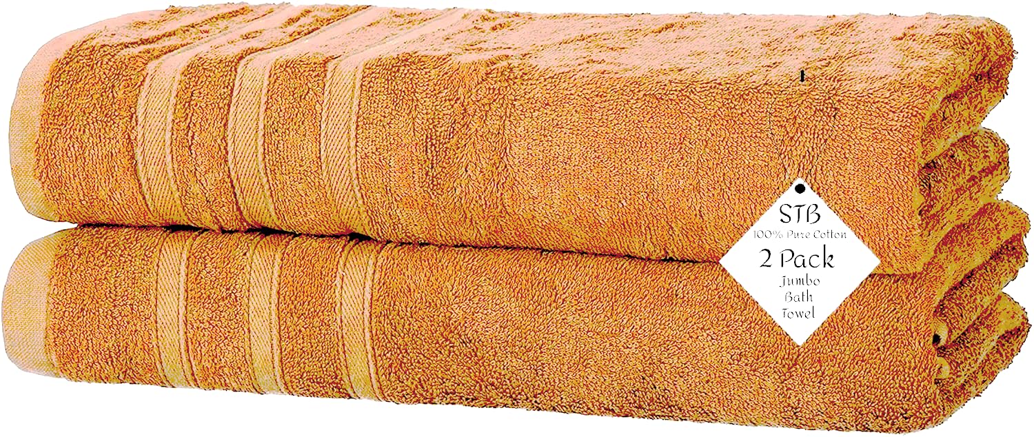 S & B Pack of 2 Jumbo Bath Towels Sheets 100% Pure Cotton Quick Dry Gym, Spa, Hotel Quality 500-GSM Large Size Bathroom Towels 75 x 150 cm (Orange)