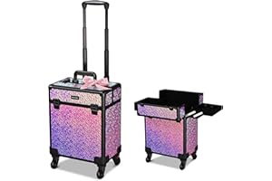 BYOOTIQUE Rolling Makeup Train Case Aluminum Cosmetic Case Portable Makeup Organizer Suitcase with Wheels 4 Tray Cosmetology Trolley Traveling Trunk for Makeup Artist Nail Tech Barber, Mermaid Pink