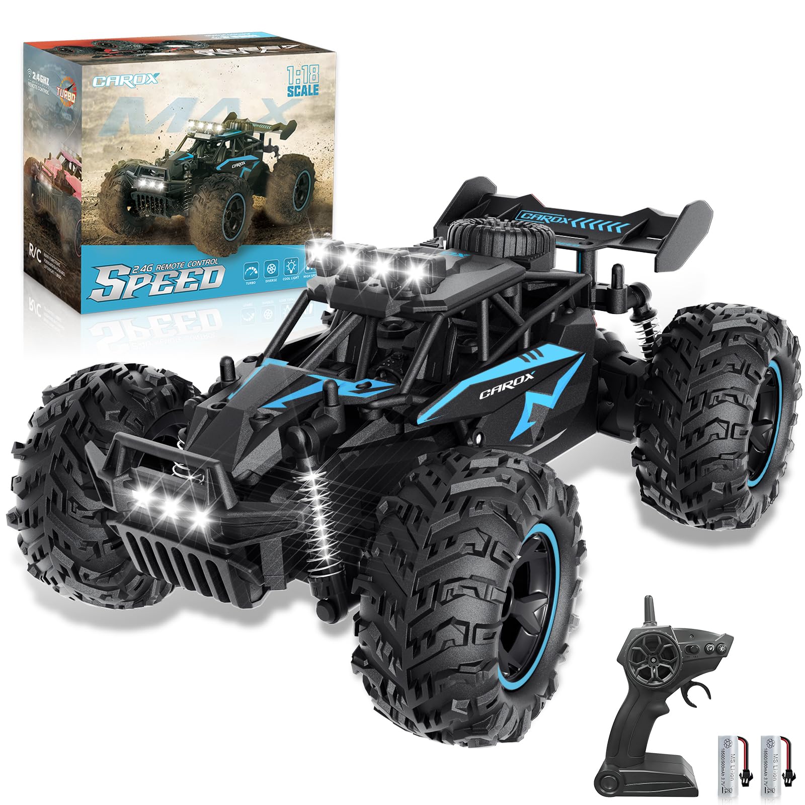Carox Remote Controlled Car, 2.4 GHz 25 km/h RC Car, 1:18 Off Road Monster Truck with Headlight and Chassis Lighting, Crawler Truck Toy