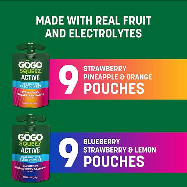 GOGO SQUEEZ NO SUGAR ADDED ACTIVE FRUIT BLEND WITH ELECTROLYTES| 18-COUNT VARIETY PACK | BLUEBERRY STRAWBERRY LEMON & STRAWBERRY PINEAPPLE ORANGE | MADE WITH REAL FRUIT AND ANTIOXIDANTS VITAMIN A, E, & C
