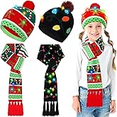 Kigeli 4 Pack Christmas Hat and Scarf Set LED Light up Christmas Scarf and Beanie Knitted for Adult Women Men Holiday Party