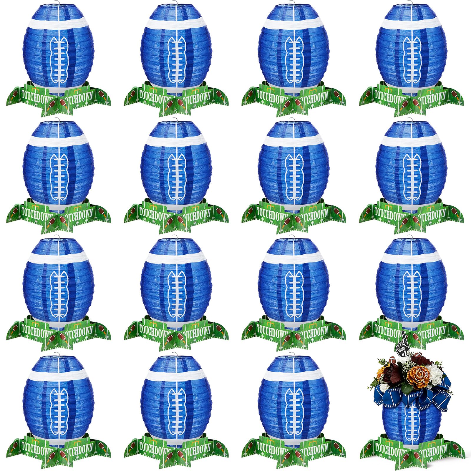 Photo 1 of Mudder 16 Pcs Football Paper Lantern Sports Fan Party Decor Table Centerpiece Set Football Game Lantern with Stand Pieces for Game Day Tailgates Stadium Party Supplies,12 Inches (Royal Blue & White)