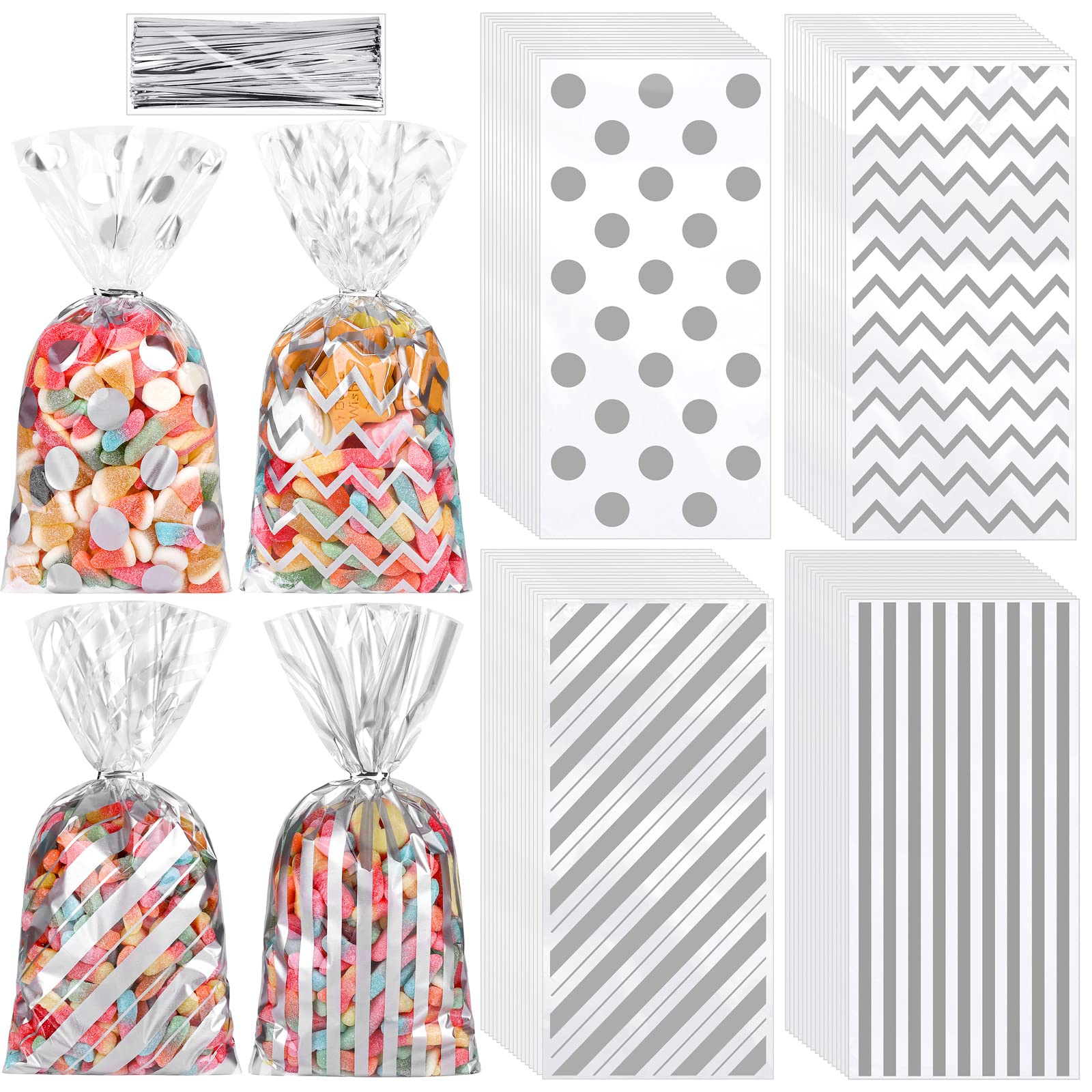 Aodaer 100 Pieces Silver Cellophane Bags Plastic Candy Gift Bags Cellophane Treat Bags with Twist Ties Stripes Polka Dot Printed Pattern Goodie Bags for Birthday Weddings Party Favors