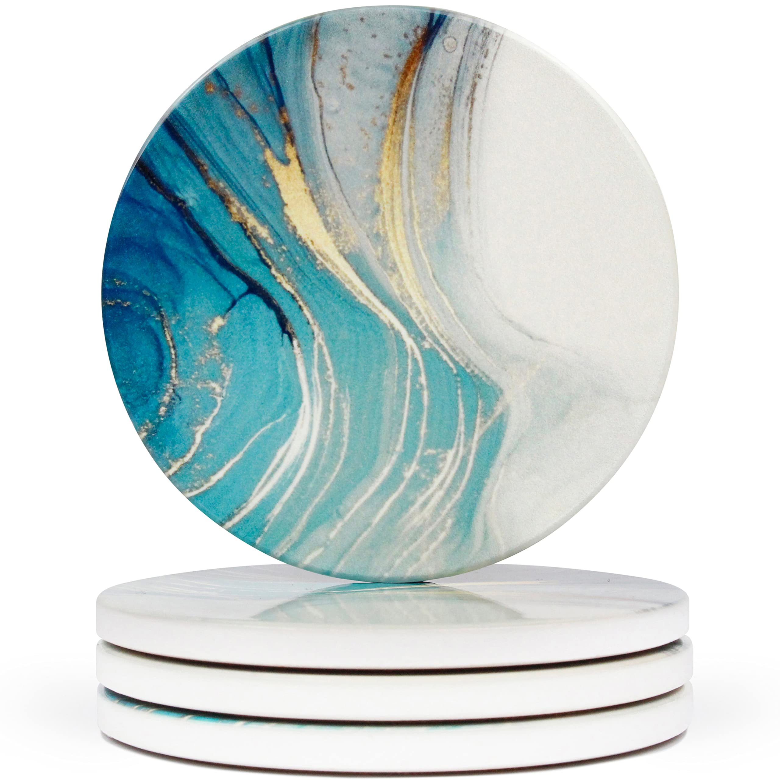 Naivasha Homeware Marble Coasters Set of 4 - Stunning Decorative Coasters in GLOSS Finish, Elegant Stone with Cork Bottom - Aqua