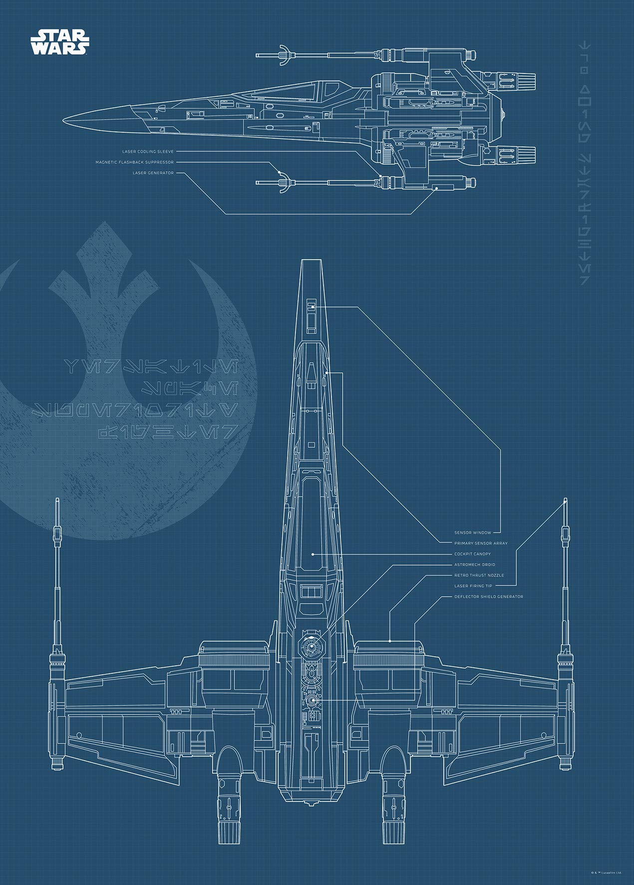 Komar Wall Picture | Star Wars Blueprint X-Wing | Children's Room, Teenager's Room, Decoration, Art Print | Without Frame | WB179-50 x 70 cm | Size: 50 x 70 cm (Width x Height), Blue