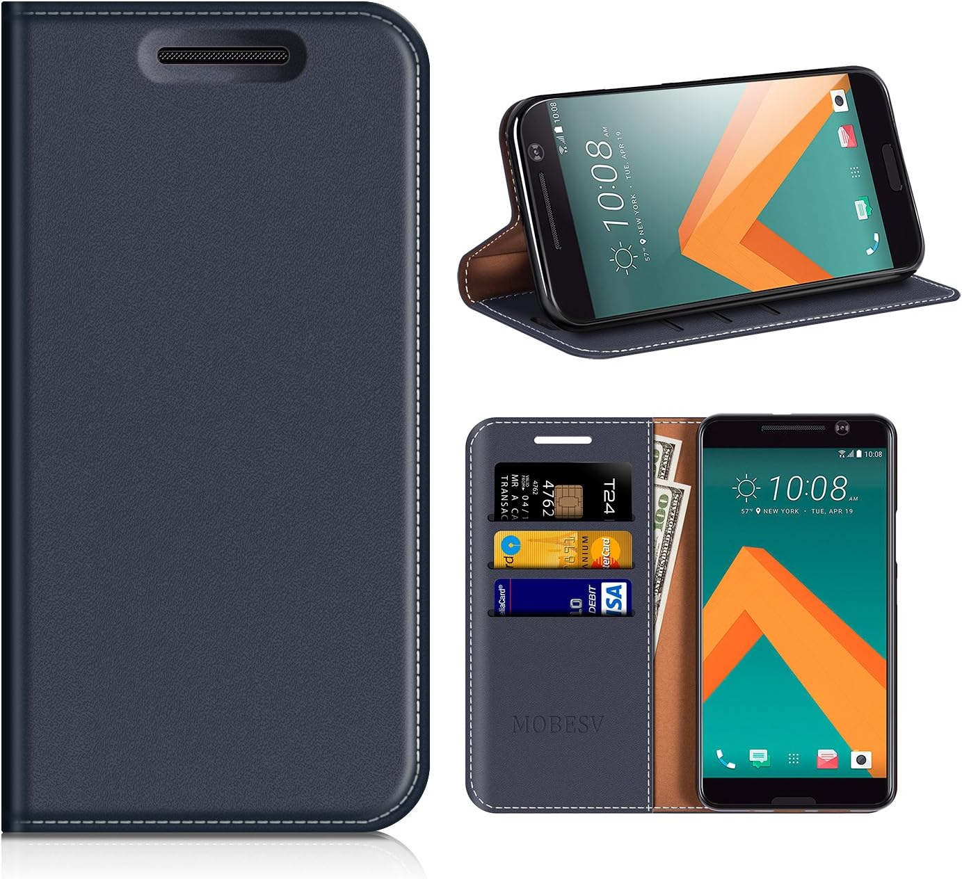 MOBESV HTC 10 Wallet Case, HTC 10 Leather Case/Phone Flip Book Cover/Viewing Stand/Card Holder for HTC 10, Dark Blue