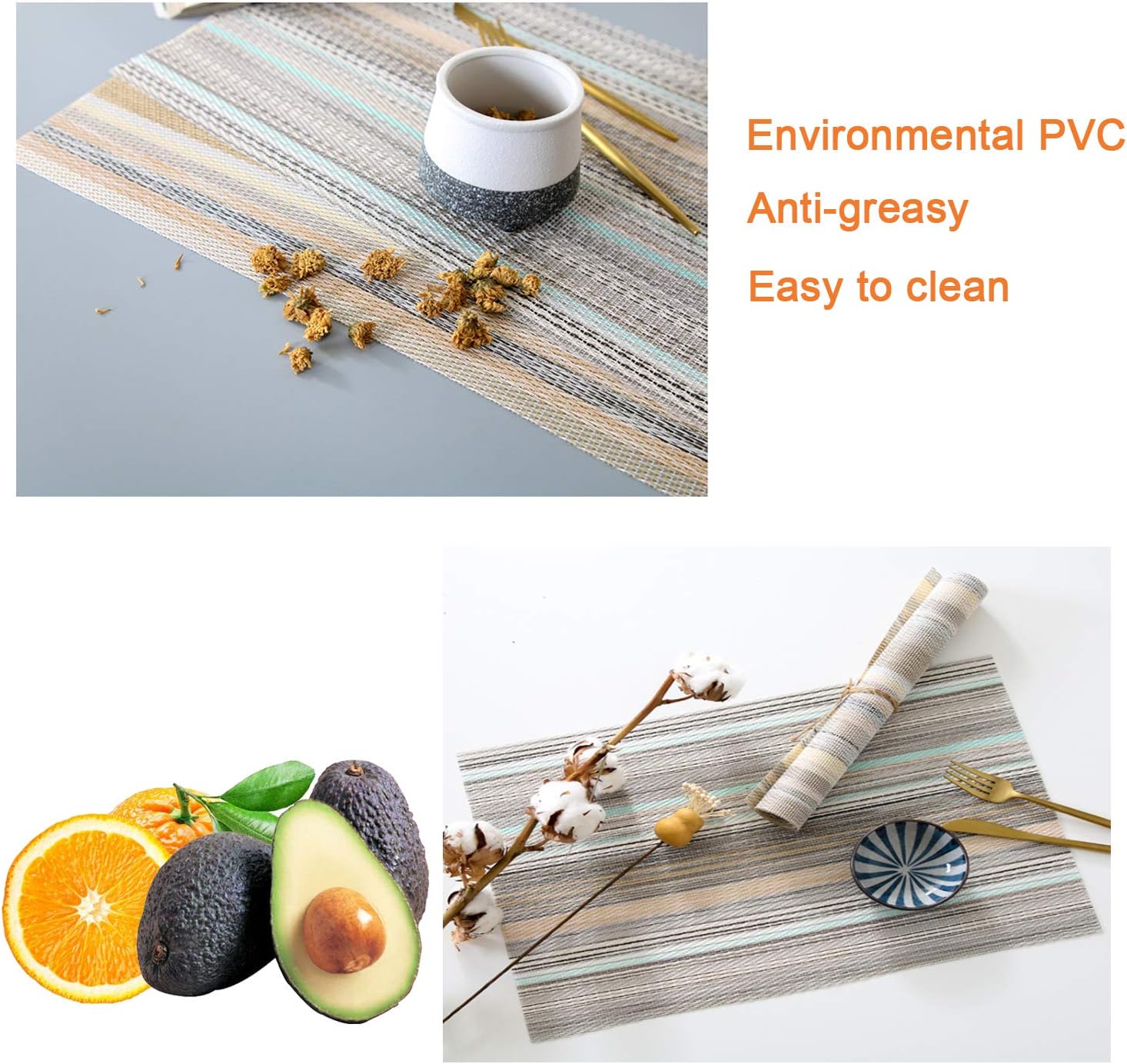 Fanciher 6PCS Placemats, 3D Wave Jacquard PVC Place mats Heat-Resistant Stain Resistant Anti-Skid Table Durable Cross Weave Mats for Dining Table (Green): Home & Kitchen