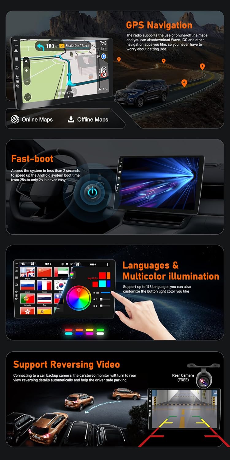 Car radio screen mirroring a smartphone display, with hands holding the phone below.