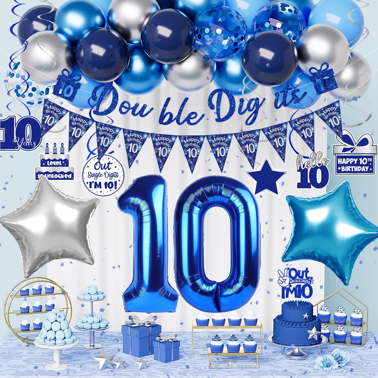 10th Birthday Decorations for Boys, Double Digits Banner, 10 Year Old Birthday Decorations Boy Includes Blue and Silver Balloons Number 10 Balloon Hanging Swirls Cake Topper Triangle Flag