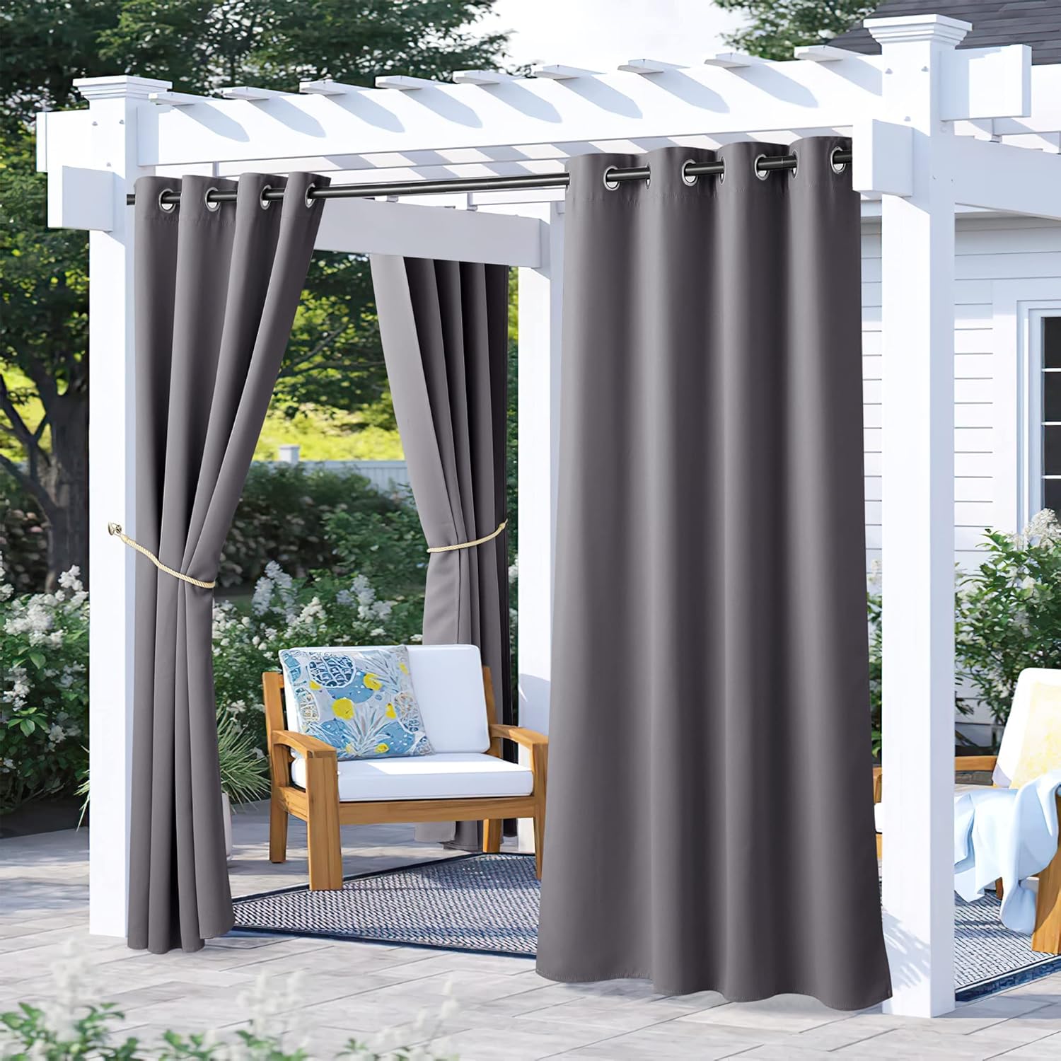 Outdoor Curtains - NICETOWN 2 Panels Blackout Grey Outdoor Curtains for Patio Waterproof 72 inch Length, Rustproof Grommet Indoor Outdoor Thermal Insulated Vertical Drapes for Porch/Cabana, W52 x L72