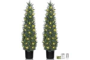 JOZHENJU 3FT Artificial Cedar Topiary Trees for Outdoors,Two 3 Foot UV Resistant Faux Potted Topiary Tree for Home Indoor Front Porch Decor,Set of 2 Fake Shrubs Bushes Ball in Cement Pot with Led String Light