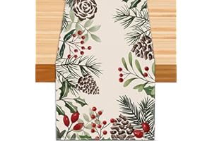 Heirloom Haven Christmas Winter Table Runner, Holly Berry Pine Cone Needle Branch Table Runners Xmas Seasonal Holiday Table Decorations for Farmhouse Kitchen Dinning Home Party Decor 13x72in