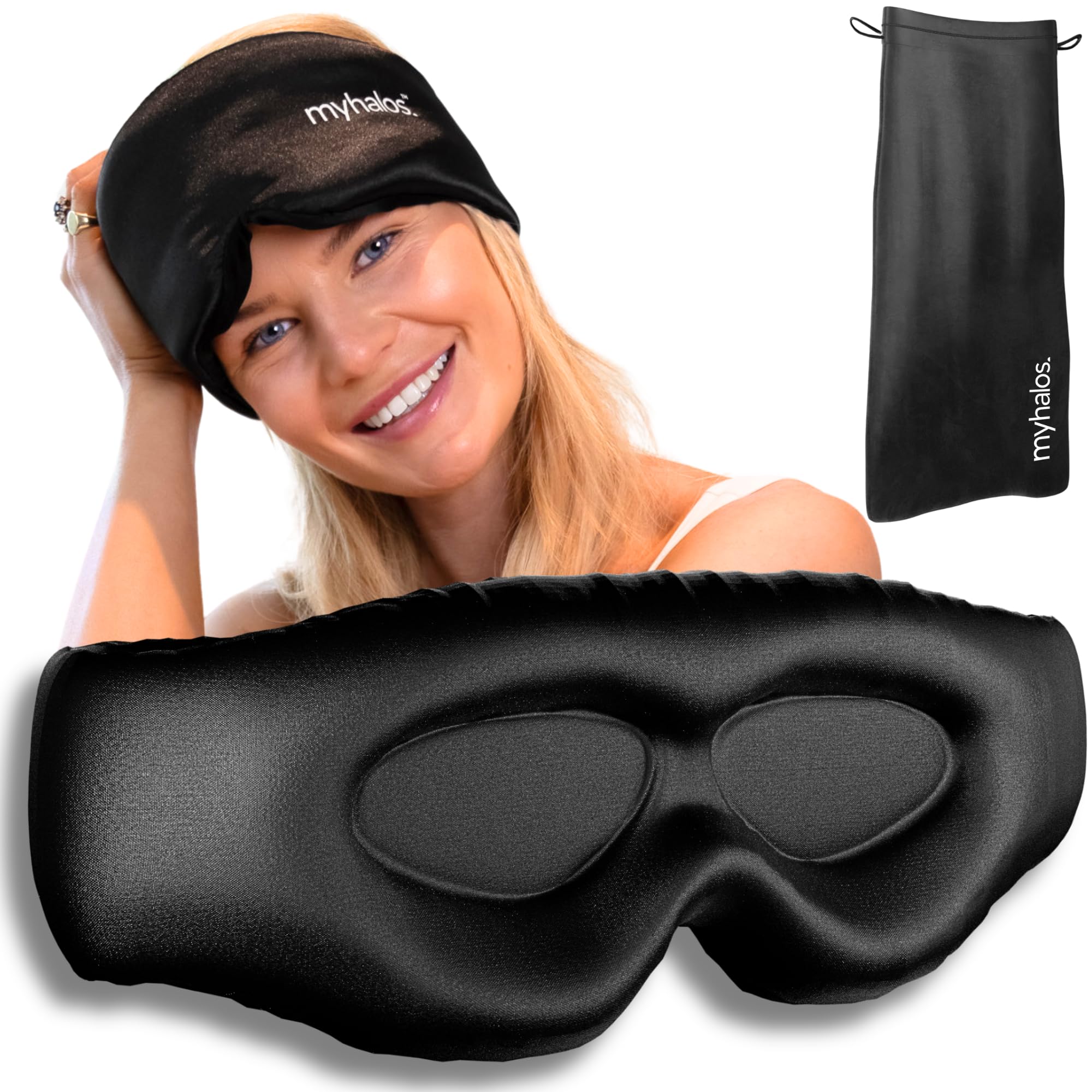 Photo 1 of MyHalos 3D Mulberry Silk Sleep Mask for Women & Men with Cups, Blackout - Silk Eye Masks for Sleep Anywhere, Travel, Night, Face, Side - Eye Cover, Sleeping Mask, Eyemask, Sleepmask, Black