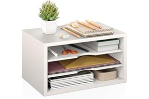 Ballucci File Organizer, 3-Tier Document Paper Sorter, Stackable Wood Desk Organizer, Mail Sorter and Monitor Stand with Storage Shelves, White