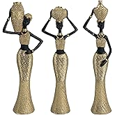 Lescafita African Women Water Pot Trio Statue - Golden Textured Resin Sculptures Set of 3, Traditional Daily Life Figurines for Home Decor, African Cultural Art Gifts for Housewarming/Office