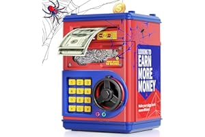 STACTCUTE Piggy Bank for Kids Boys 5-13 with 4 Saving Record Cards, Kids Money Safe Banks for Real Money with 4-Digit Password, Electronic Piggy Bank Toys for Boys Girls with ATM-Style Cash Slot, Red Blue